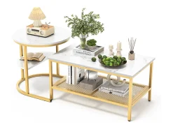 Mesa De Centro* Conjunto de 2 mesas laterais de mármore com espaço de armazenamento, douradas e metálicas. Dourado