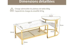 Mesa De Centro* Conjunto de 2 mesas laterais de mármore com espaço de armazenamento, douradas e metálicas. Dourado