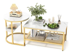 Mesa De Centro* Conjunto de 2 mesas laterais de mármore com espaço de armazenamento, douradas e metálicas. Dourado