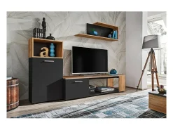 Outlet Meublorama Conjunto de 3 móveis design para a sua sala de estar, coleção MOZES. Cores e carvalho. Preto