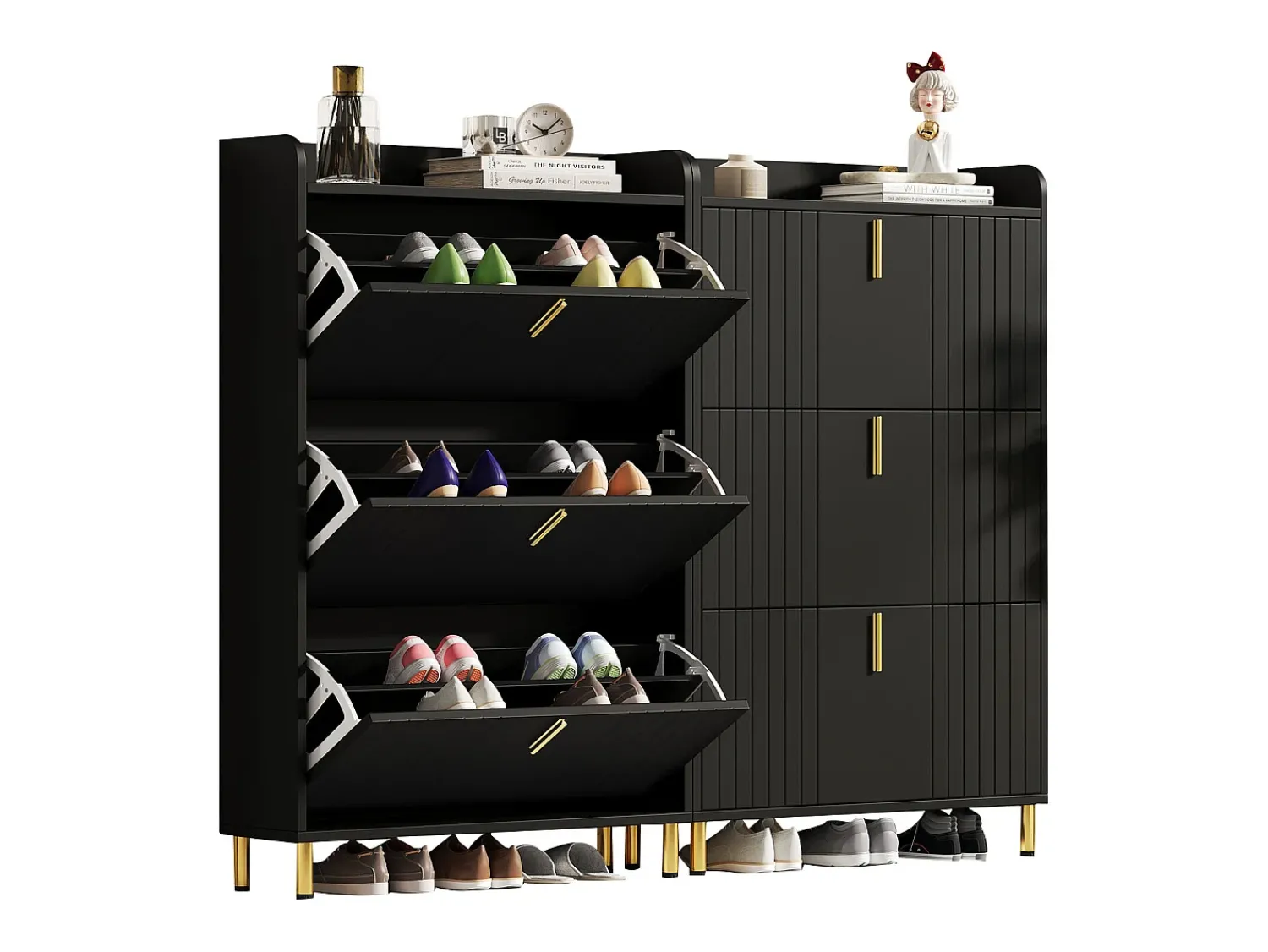 ModernLuxe Conjunto de 2 móveis para sapatos 160x23,5x123,5 cm - 6 portas - 12 compartimentos - Altura ajustável - MDF - Preto