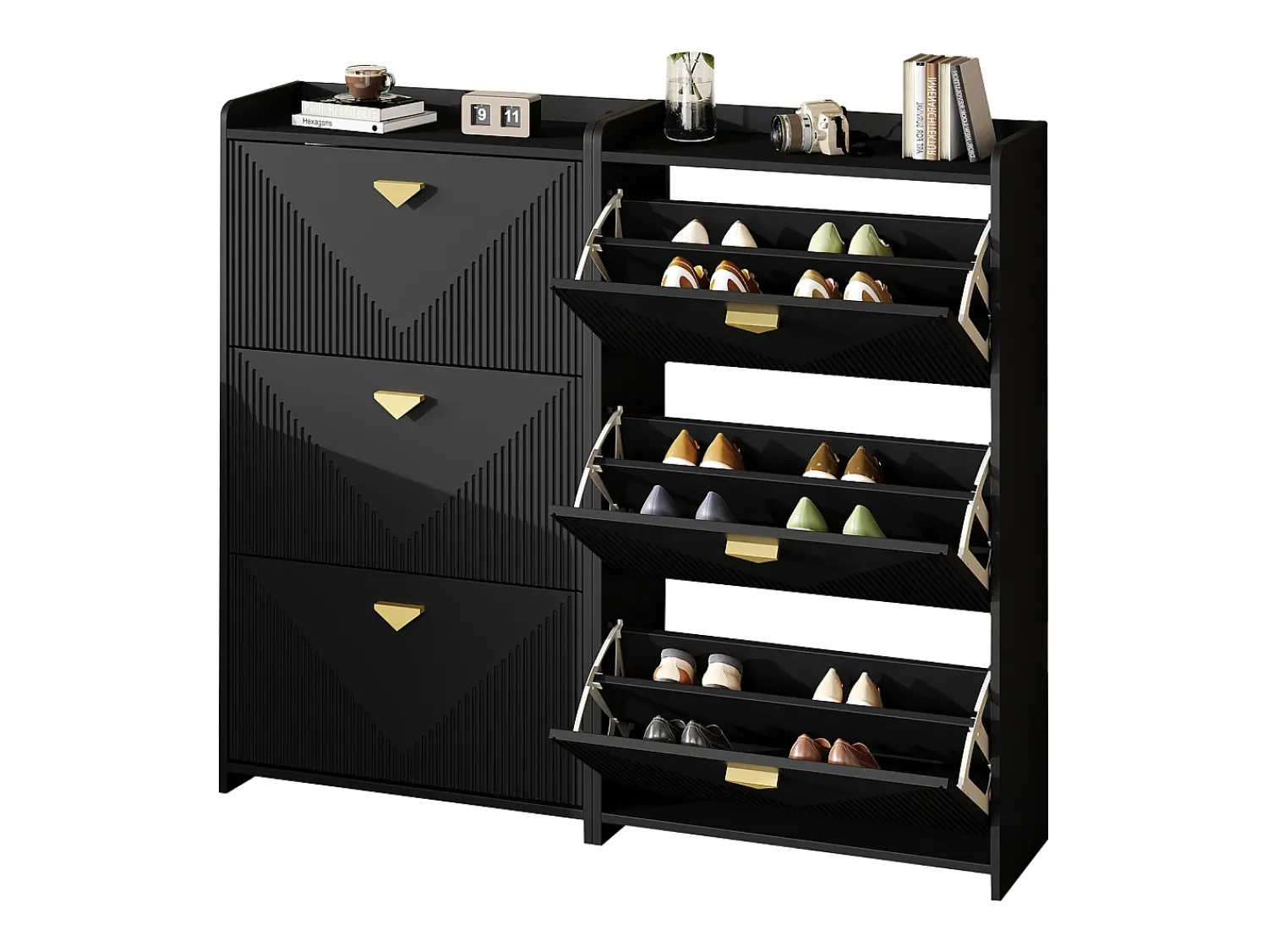 Online ModernLuxe Conjunto de 2 móveis para sapatos 140x30x120 cm - 6 portas basculantes - 12 compartimentos de armazenamento - MDF - Preto