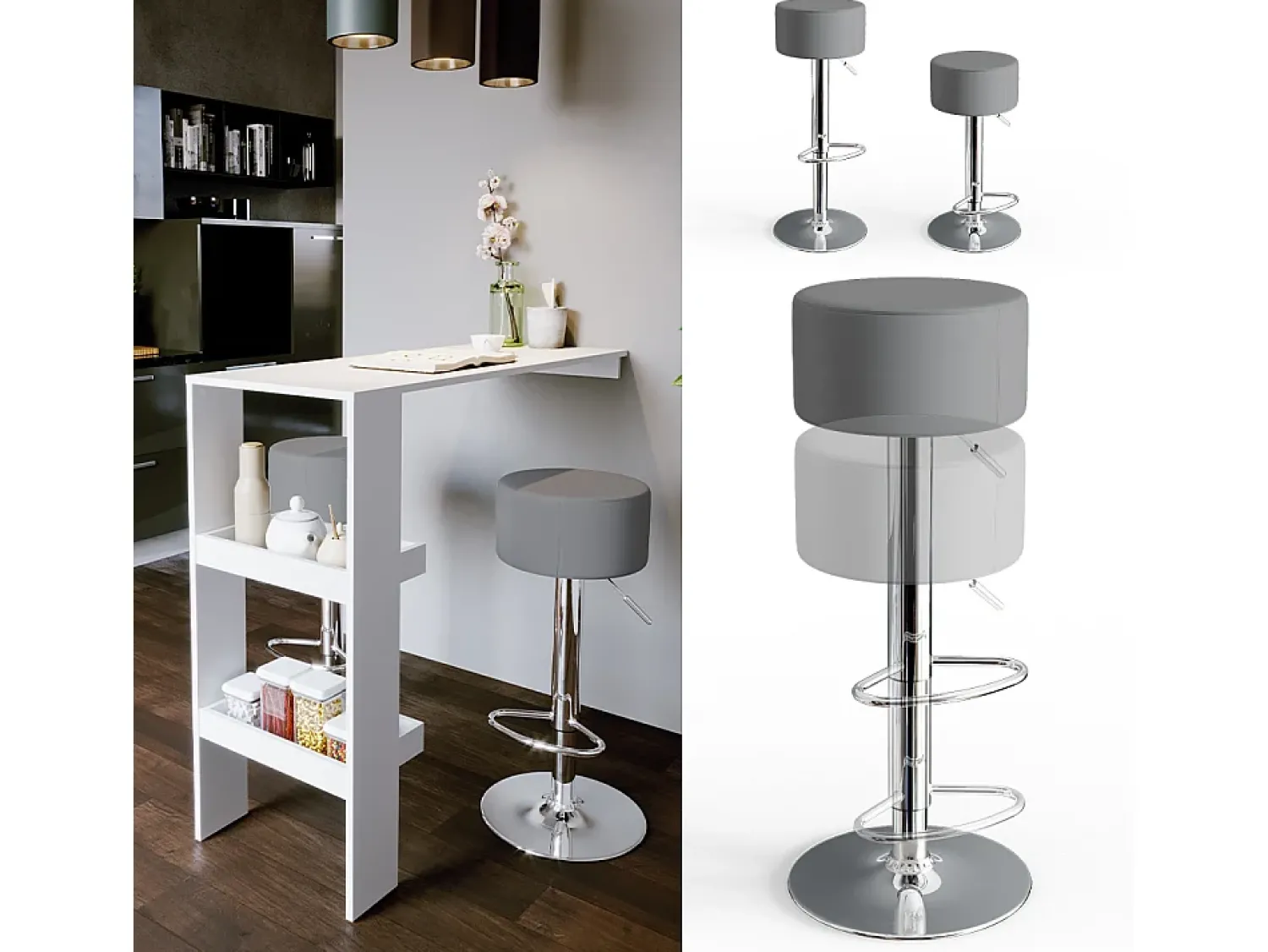 Discount Vicco Conjunto de 2 peças de banco de bar cinza 33x33x92 Cinzento