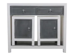 Consola* Conjunto de 3 peças: Mesa de entrada e dois bancos de madeira, laqueados em branco e cinza. Multicor