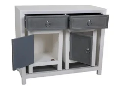 Consola* Conjunto de 3 peças: Mesa de entrada e dois bancos de madeira, laqueados em branco e cinza. Multicor