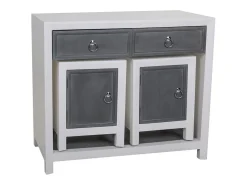 Consola* Conjunto de 3 peças: Mesa de entrada e dois bancos de madeira, laqueados em branco e cinza. Multicor