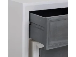 Consola* Conjunto de 3 peças: Mesa de entrada e dois bancos de madeira, laqueados em branco e cinza. Multicor