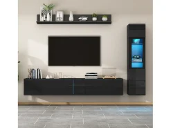 Online Merax Conjunto de 3 peças para parede com TV e LEDs - 1 suporte para TV + 1 cristaleira + 1 prateleira de parede - aglomerado - Preto