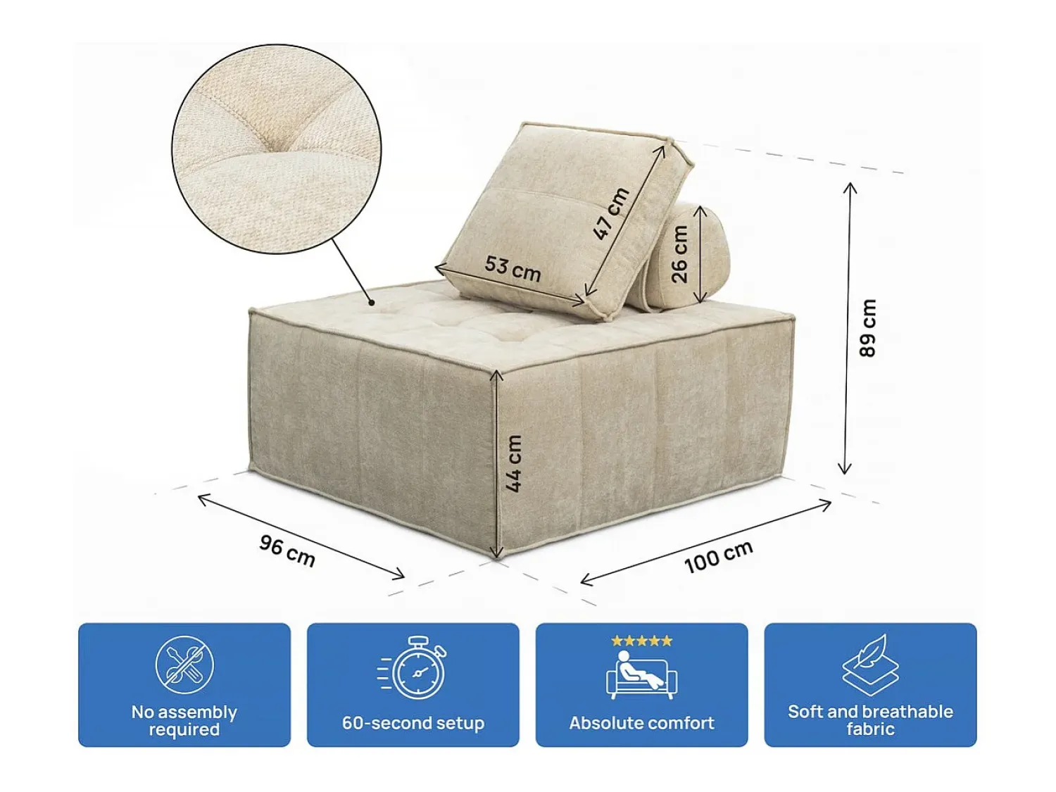 Sofá|Habitat et jardin Conjunto de 3 poltronas modulares em tecido texturado "Velluto" - Bege