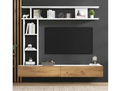 Sale Merax Conjunto de armário de parede - 180 x 35 x 150 cm - com móvel de TV + 2 prateleiras de parede - aglomerado - branco + natural Natural claro