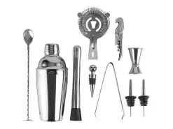 Discount Conjunto de Cocktail 10 peças inox 18/10 com suporte de bambu natural - Shaker, colher, pilão, doseador, pinça para gelo Prateado