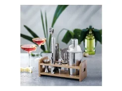 Discount Conjunto de Cocktail 10 peças inox 18/10 com suporte de bambu natural - Shaker, colher, pilão, doseador, pinça para gelo Prateado