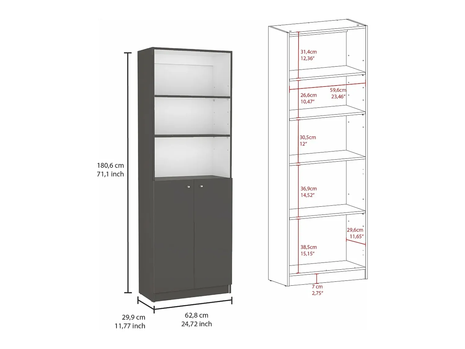 Biblioteca*TuHome Conjunto de estante de escritório em melamina de 3 peças com prateleiras e 2 portas, 180.6 cm X 188.4 cm X 29.9 cm, Multicolor Multicor