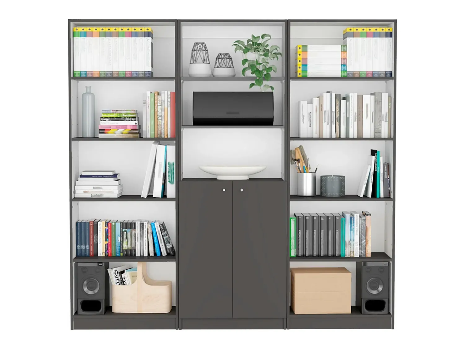 Biblioteca*TuHome Conjunto de estante de escritório em melamina de 3 peças com prateleiras e 2 portas, 180.6 cm X 188.4 cm X 29.9 cm, Multicolor Multicor