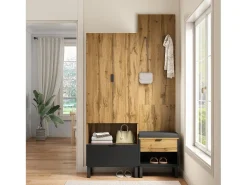 Conjunto de guarda-roupa com sapateira e almofadas, acessórios pendurados na frente, gavetas e prateleiras reguláveis Preto^ Móvel De Entrada