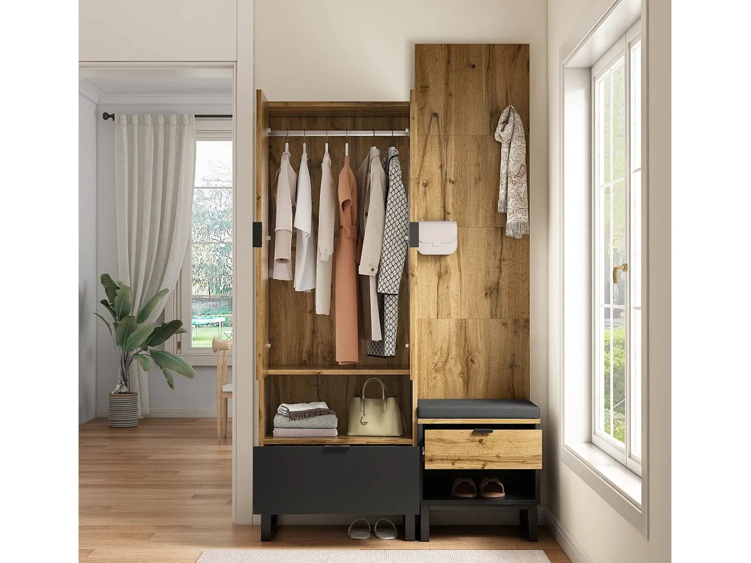 Conjunto de guarda-roupa com sapateira e almofadas, acessórios pendurados na frente, gavetas e prateleiras reguláveis Preto^ Móvel De Entrada