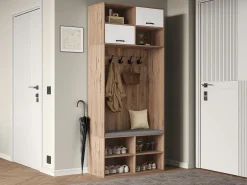Móvel De Entrada*Merax Conjunto de guarda-roupa com banco + 5 ganchos + 2 portas + 6 compartimentos de arrumação - 80 x 35 x 185 cm - aglomerado - natural Natural claro