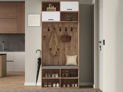 Móvel De Entrada*Merax Conjunto de guarda-roupa com banco + 5 ganchos + 2 portas + 6 compartimentos de arrumação - 80 x 35 x 185 cm - aglomerado - natural Natural claro