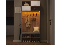Móvel De Entrada*Merax Conjunto de guarda-roupa com banco + 5 ganchos + 2 portas + 6 compartimentos de arrumação - 80 x 35 x 185 cm - aglomerado - natural Natural claro