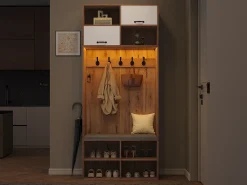 Móvel De Entrada*Merax Conjunto de guarda-roupa com banco + 5 ganchos + 2 portas + 6 compartimentos de arrumação - 80 x 35 x 185 cm - aglomerado - natural Natural claro