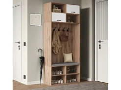 Móvel De Entrada*Merax Conjunto de guarda-roupa com banco + 5 ganchos + 2 portas + 6 compartimentos de arrumação - 80 x 35 x 185 cm - aglomerado - natural Natural claro