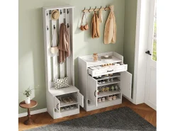 New Merax Conjunto de guarda-roupa com sapateira e sapateira + 8 ganchos + 4 portas + 1 gaveta - aglomerado - Branco
