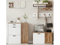 Móvel De Entrada*Merax Conjunto de guarda-roupa de 5 peças - com sapateira + banco para sapatos + espelho + cabideiro (4 ganchos) - aglomerado - Branco