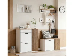 Móvel De Entrada*Merax Conjunto de guarda-roupa de 5 peças - com sapateira + banco para sapatos + espelho + cabideiro (4 ganchos) - aglomerado - Branco