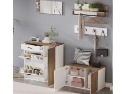 Móvel De Entrada*Merax Conjunto de guarda-roupa de 5 peças - com sapateira + banco para sapatos + espelho + cabideiro (4 ganchos) - aglomerado - Branco