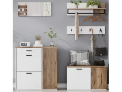 Móvel De Entrada*Merax Conjunto de guarda-roupa de 5 peças - com sapateira + banco para sapatos + espelho + cabideiro (4 ganchos) - aglomerado - Branco