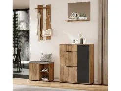 Móvel De Entrada*Merax Conjunto de guarda-roupa para hall de entrada - 140 x 35 x 139 cm - com banco e sapateira + 1 espelho + prateleira de parede - aglomerado - natural + preto Natural claro