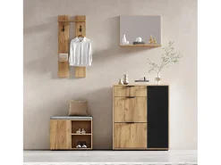 Móvel De Entrada*Merax Conjunto de guarda-roupa para hall de entrada - 140 x 35 x 139 cm - com banco e sapateira + 1 espelho + prateleira de parede - aglomerado - natural + preto Natural claro