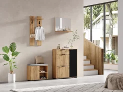 Móvel De Entrada*Merax Conjunto de guarda-roupa para hall de entrada - 140 x 35 x 139 cm - com banco e sapateira + 1 espelho + prateleira de parede - aglomerado - natural + preto Natural claro