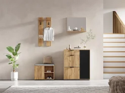 Móvel De Entrada*Merax Conjunto de guarda-roupa para hall de entrada - 140 x 35 x 139 cm - com banco e sapateira + 1 espelho + prateleira de parede - aglomerado - natural + preto Natural claro