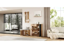 Móvel De Entrada*Merax Conjunto de guarda-roupa para hall de entrada - 140 x 35 x 139 cm - com banco e sapateira + 1 espelho + prateleira de parede - aglomerado - natural + preto Natural claro
