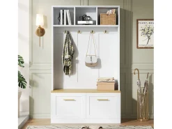 Outlet Merax Conjunto de guarda-roupa/armário - 105 x 40 x 180 cm - com banco + espaço de armazenamento aberto + 2 portas + 4 ganchos - MDF + aglomerado - Branco