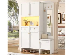 Móvel De Entrada|Merax Conjunto de guarda-roupa/vestiário - 120 x 33,5 x 180 cm - com banco + sapateira + 3 ganchos + 2 gavetas + 1 espelho - aglomerado - Branco