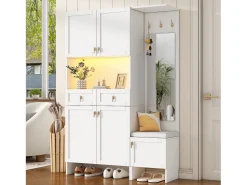 Móvel De Entrada|Merax Conjunto de guarda-roupa/vestiário - 120 x 33,5 x 180 cm - com banco + sapateira + 3 ganchos + 2 gavetas + 1 espelho - aglomerado - Branco