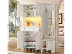 Móvel De Entrada|Merax Conjunto de guarda-roupa/vestiário - 120 x 33,5 x 180 cm - com banco + sapateira + 3 ganchos + 2 gavetas + 1 espelho - aglomerado - Branco