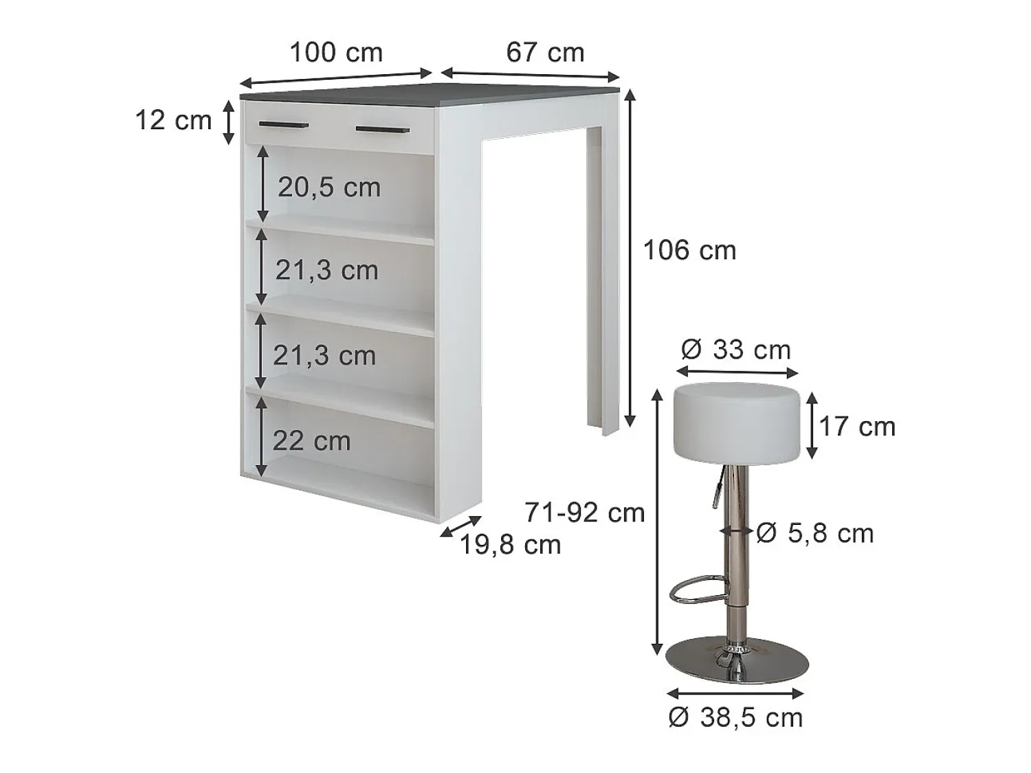 Móvel De Bar|Vicco Conjunto de mesa de bar branco/antracite 67x100x106 repose Cinza antracite
