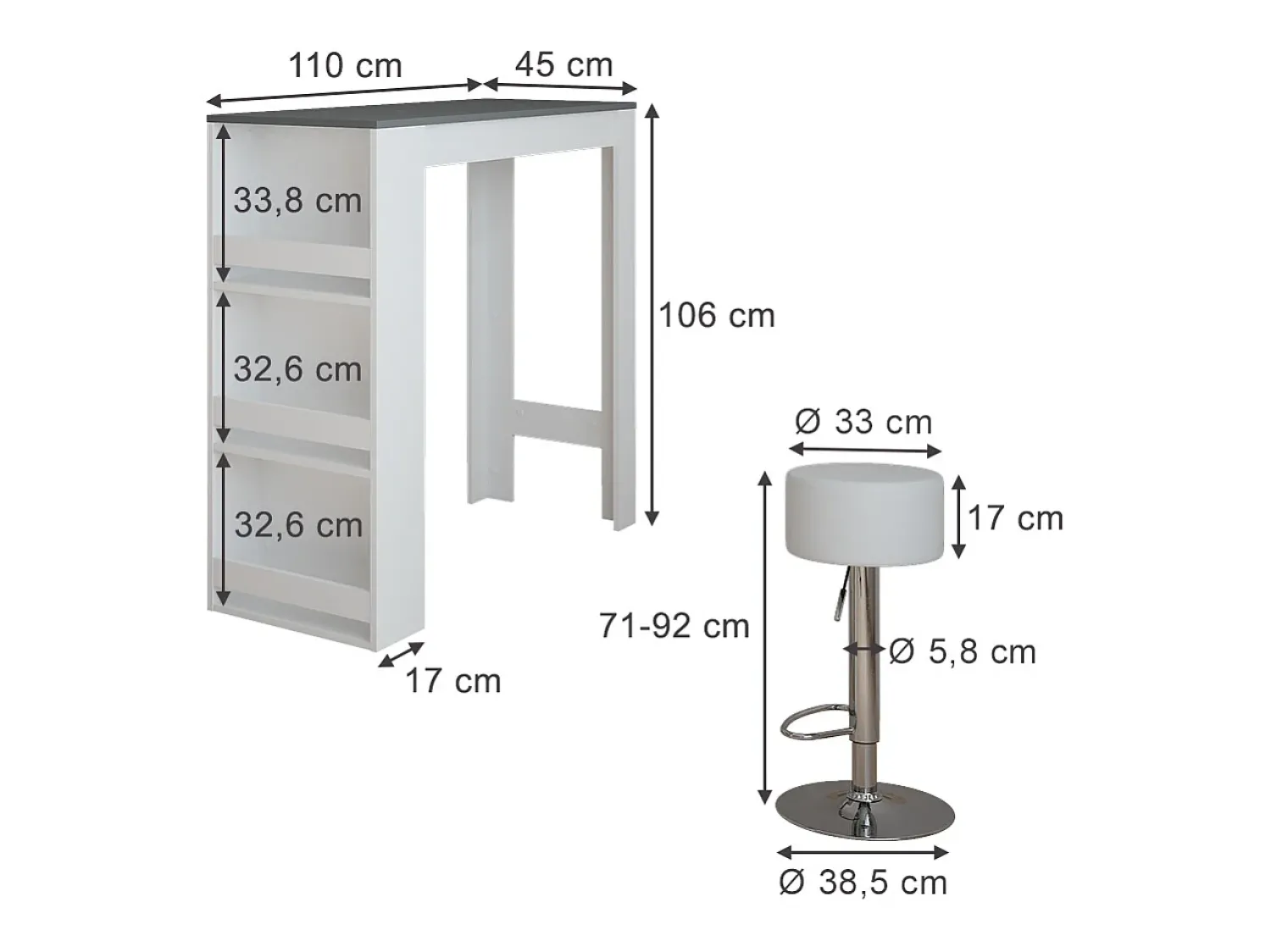 Móvel De Bar*Vicco Conjunto de mesa de bar branco/antracite 45x110x106 repose Cinza antracite
