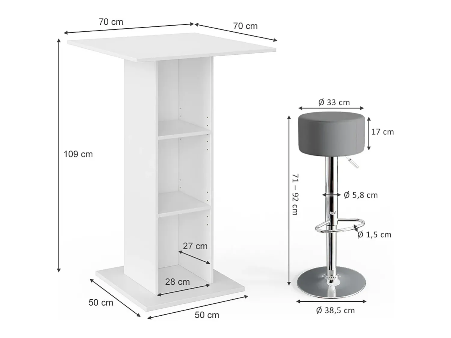 Móvel De Bar*Vicco Conjunto de mesa de bar betão 70x70x109 rodeo Cinzento claro