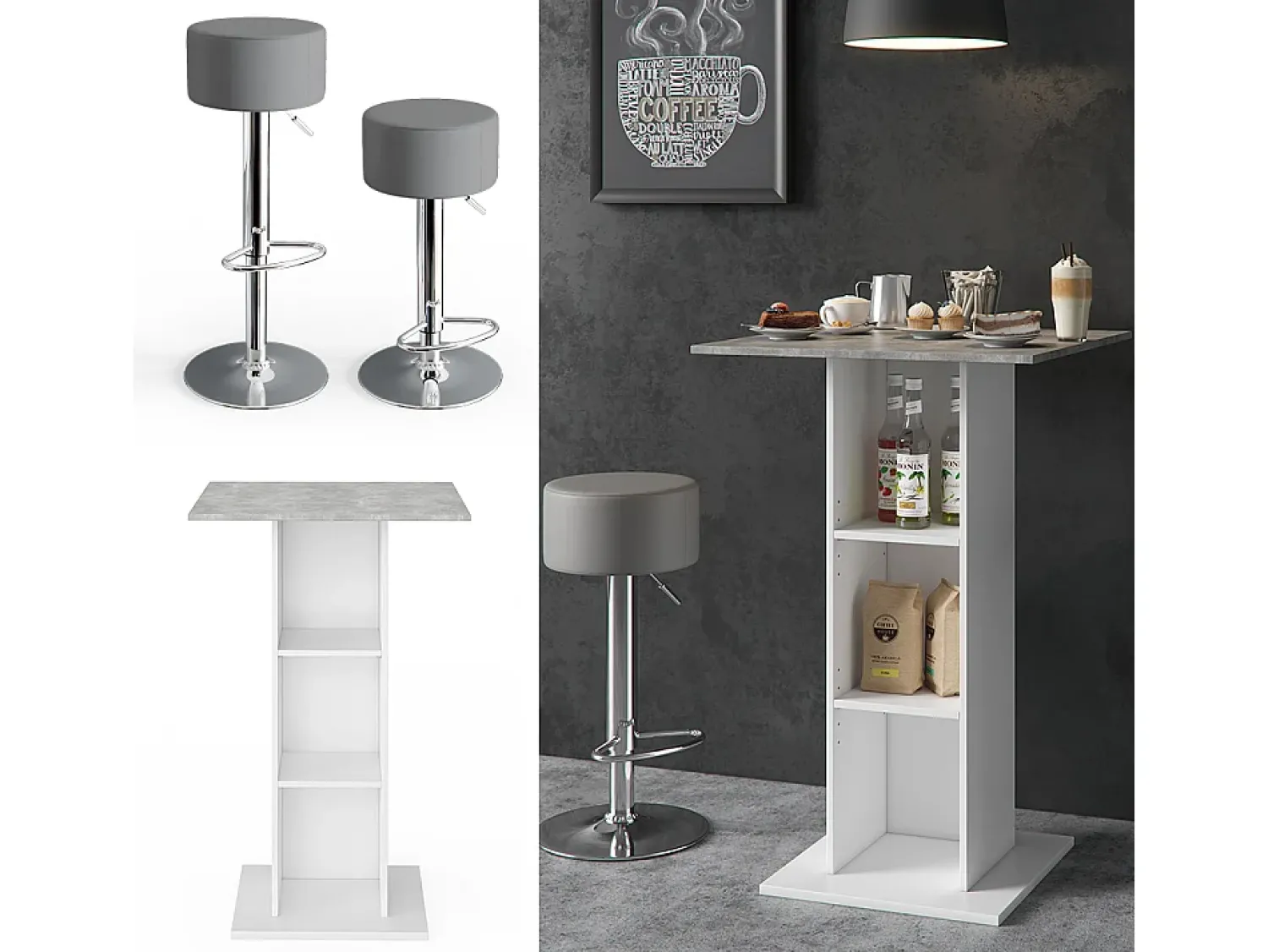Móvel De Bar*Vicco Conjunto de mesa de bar betão 70x70x109 rodeo Cinzento claro