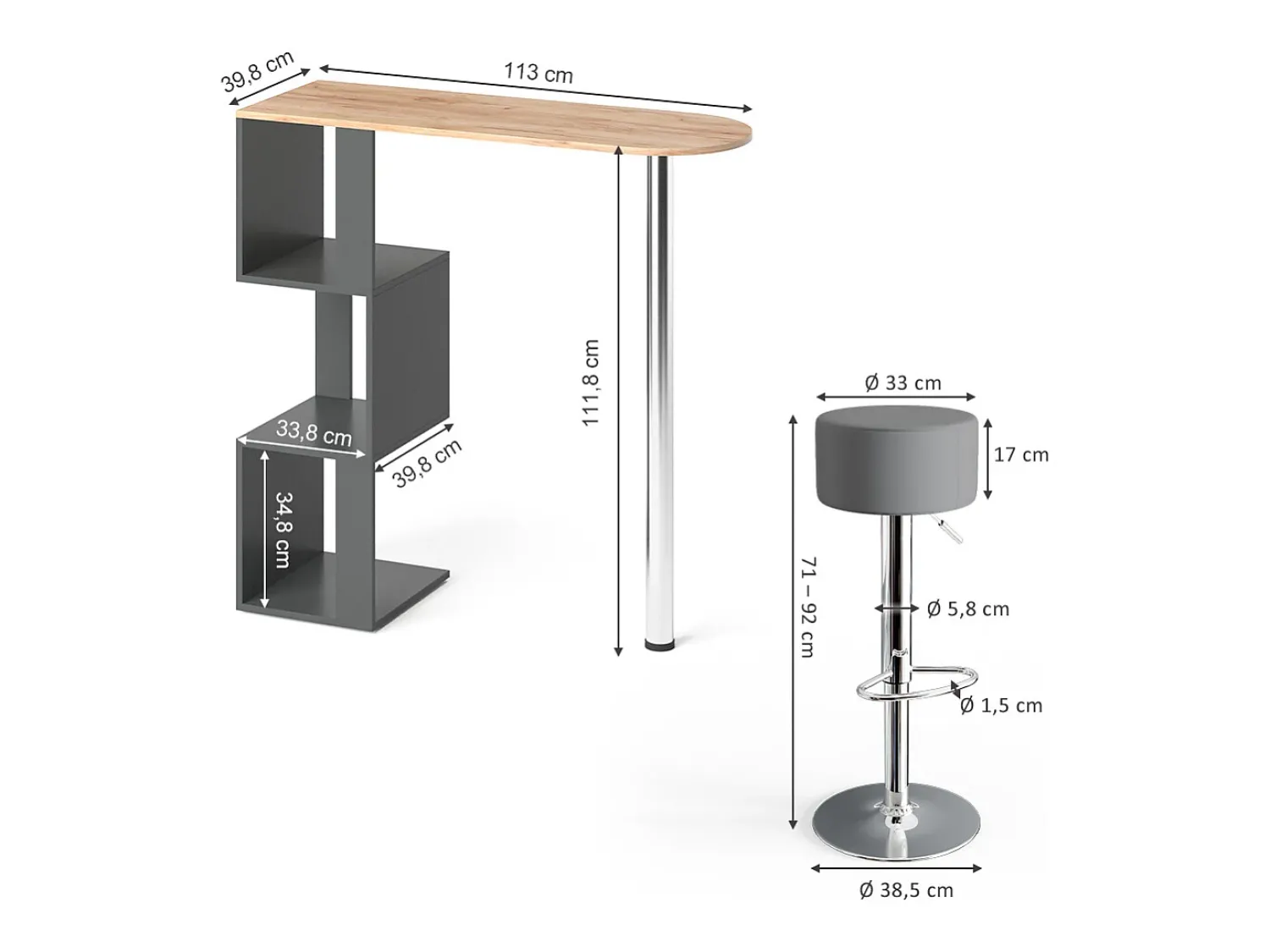 Móvel De Bar|Vicco Conjunto de mesa de bar carvalho goldkraft 113x39.8x111.8 vincent Natural escuro