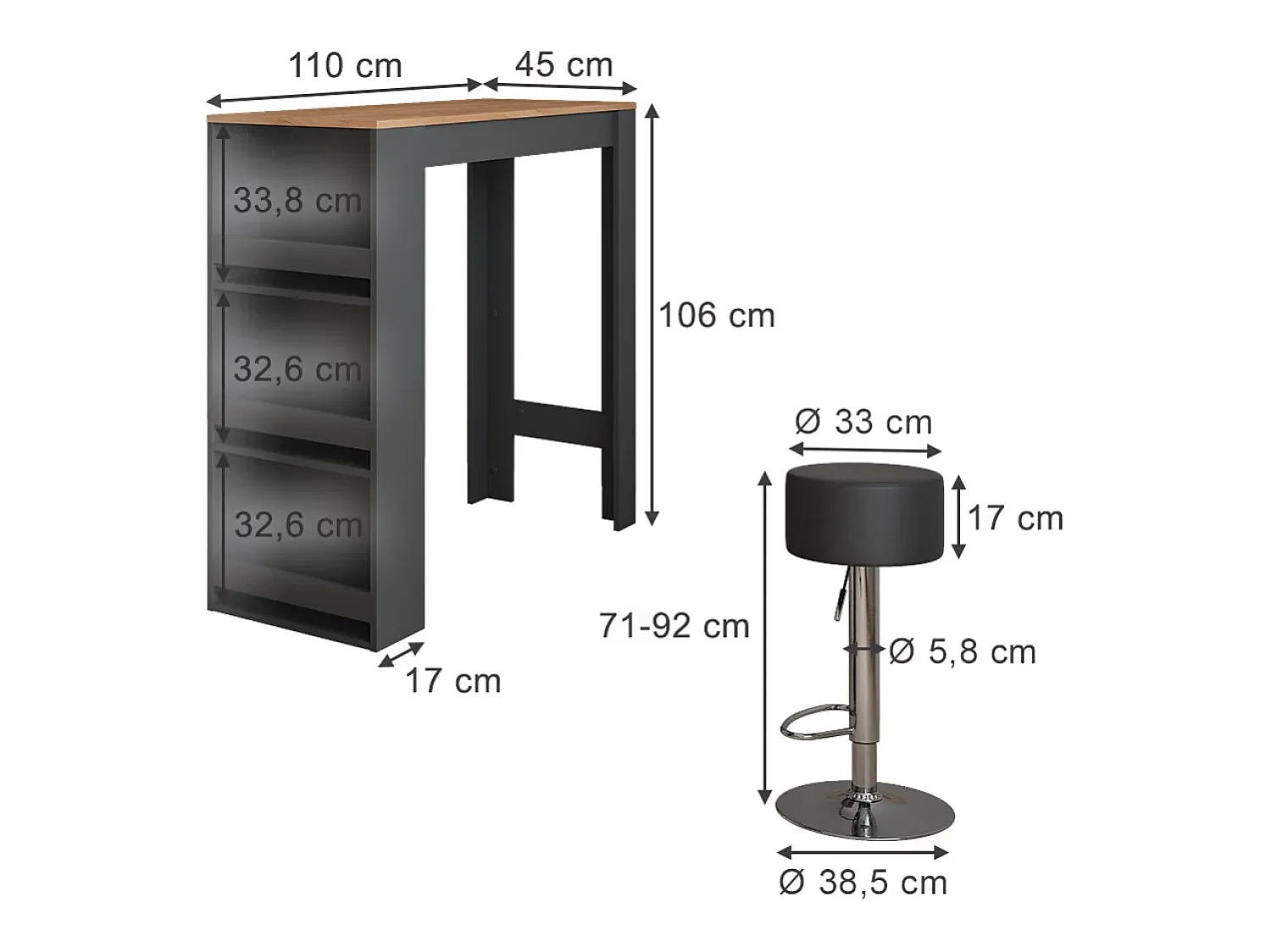 Vicco Conjunto de mesa de bar carvalho antracite/goldkraft 45x110x106 repose^ Móvel De Bar