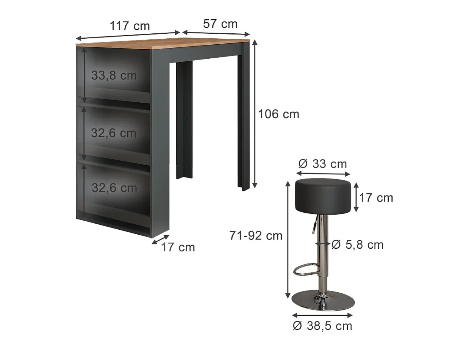 Outlet Vicco Conjunto de mesa de bar carvalho goldkraft/antracite 57x117x106 repose Natural escuro