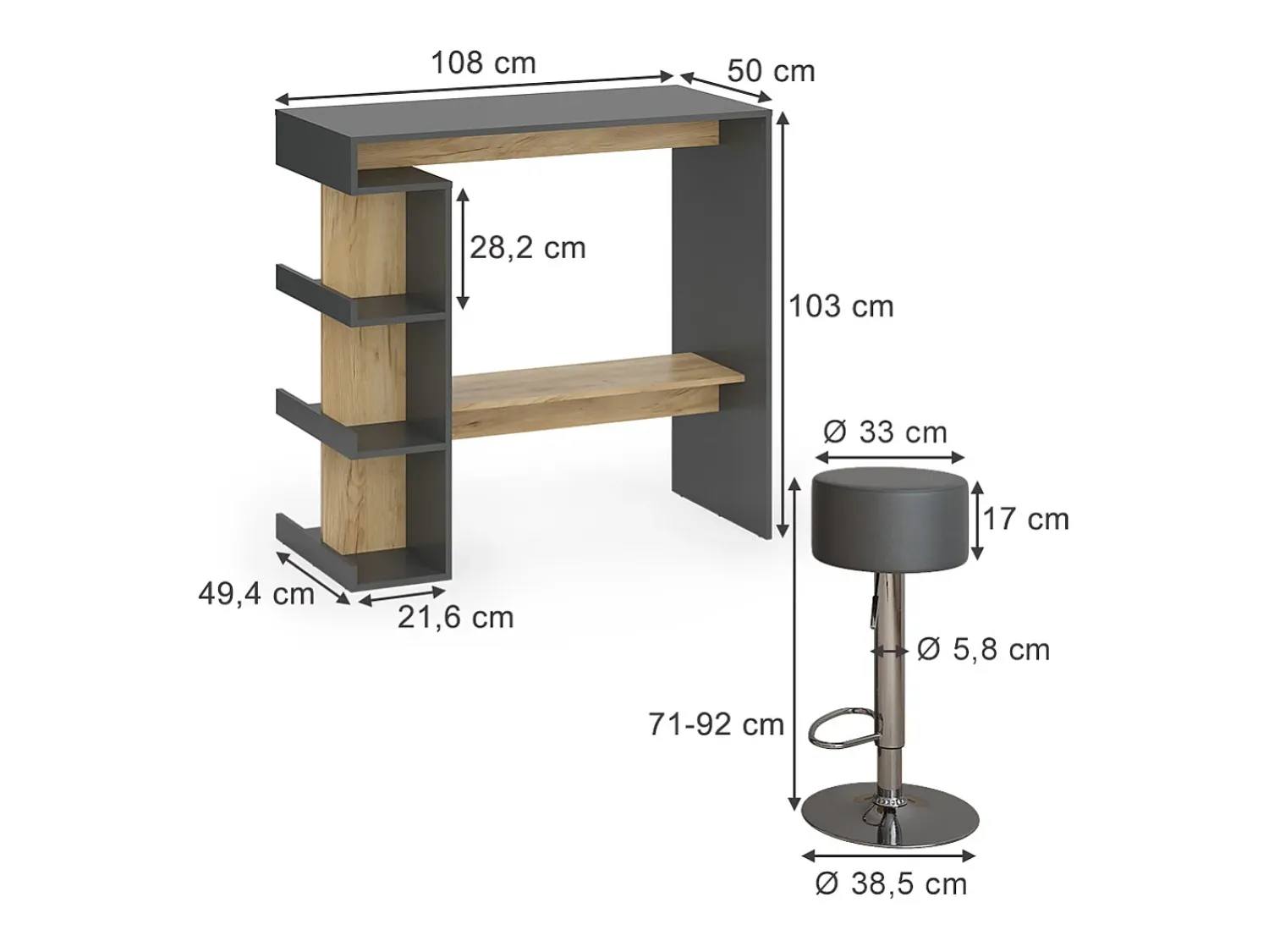 New Vicco Conjunto de mesa de bar carvalho antracite/goldkraft 108x50x103 dana Cinza antracite