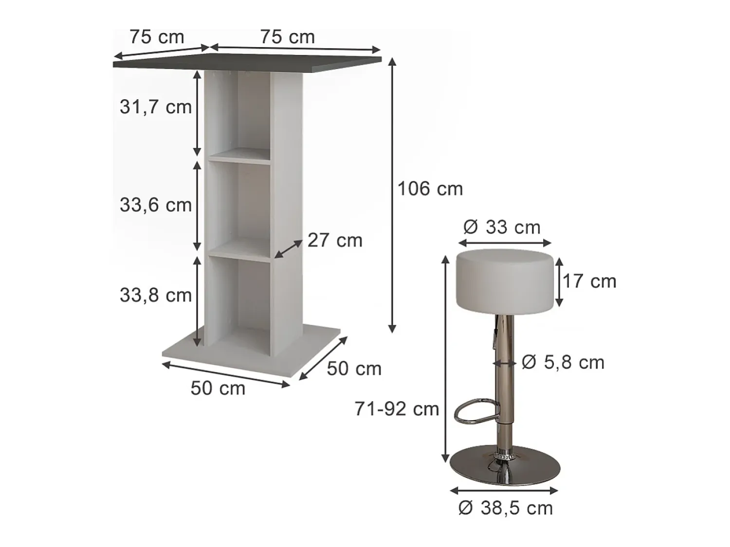Vicco Conjunto de mesa de bar concreto/branco 75x75x106 repose^ Móvel De Bar