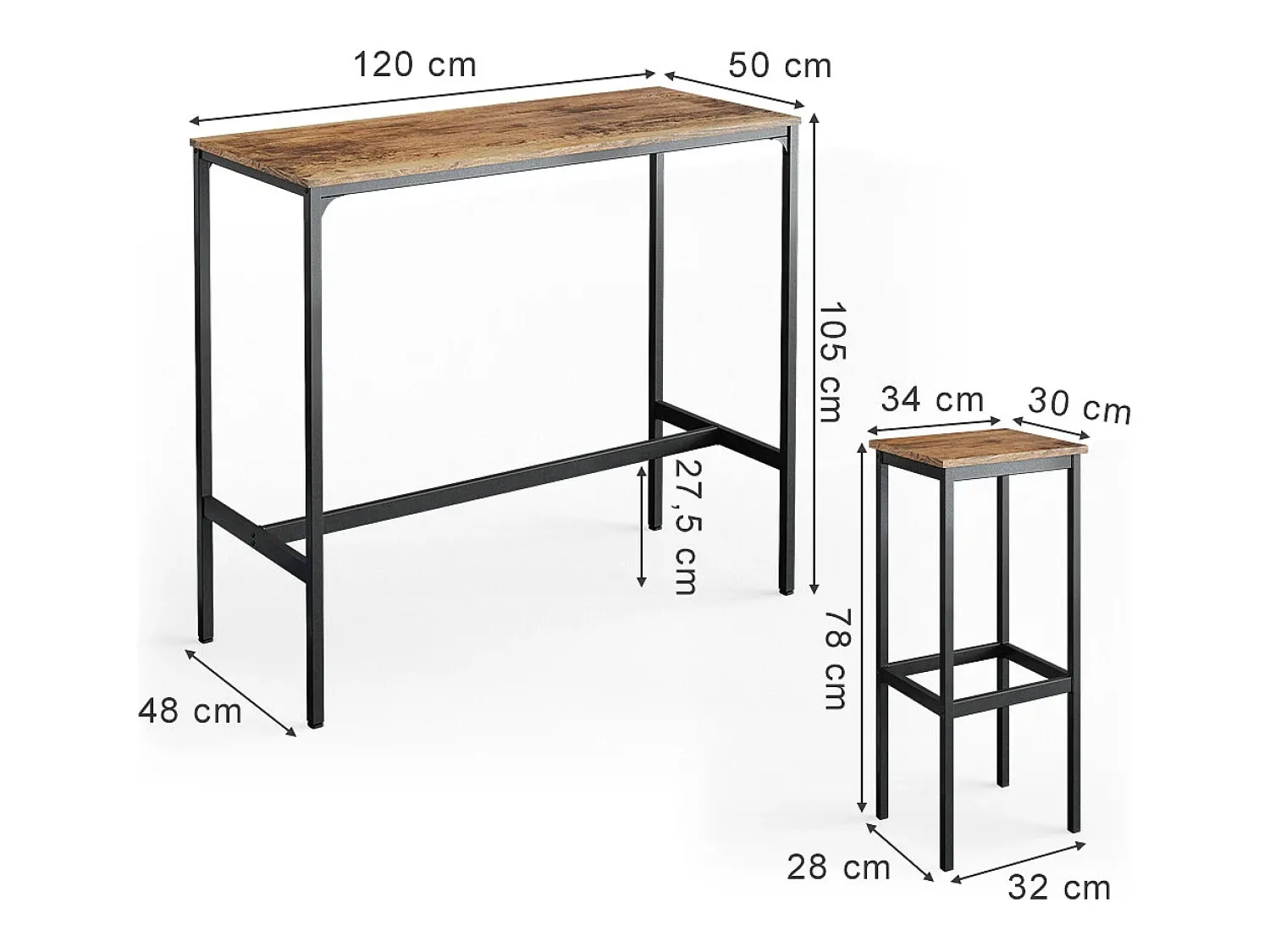 Best Vicco Conjunto de mesa de bar madeira antiga 120x50x105 fyrk Castanho