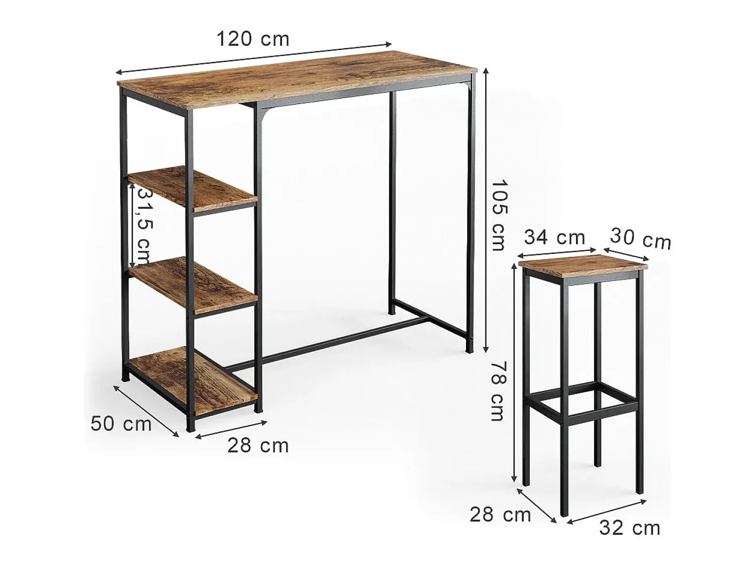 Móvel De Bar*Vicco Conjunto de mesa de bar madeira antiga 120x50x105 fyrk Castanho